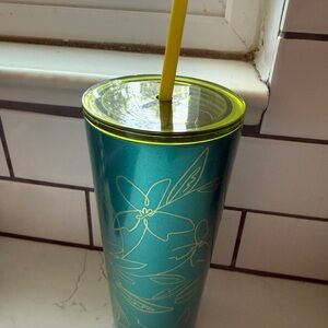 Floral Teal Metal Starbucks Tumbler with Yellow Straw